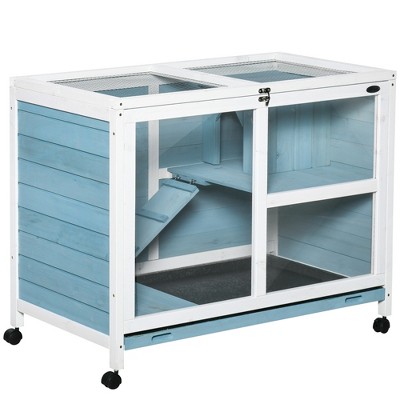 PawHut Rabbit Hutch Indoor, 2-Story Bunny Hutch, Wooden Guinea Pig Cage, Small Animal House, with No Leak Tray, Universal Casters, Lockable Doors, Run Area, Ramp
