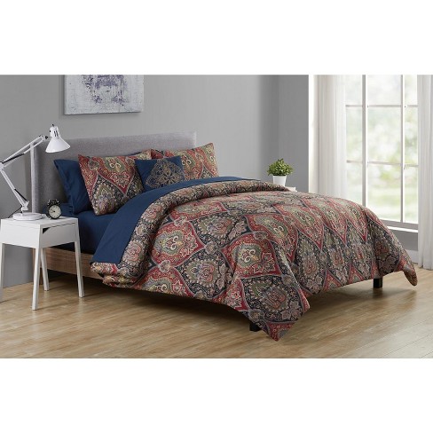 Vcny Home Dion Burgundy Navy Damask Bed In A Bag Comforter Set