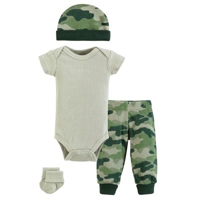 Hudson Baby Boys Thermal Preemie Layette Set 4pc Short Sleeve Outfit, Camo, Preemie