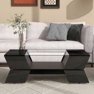Okak Geometric Glass-Top Coffee Table, Modernist 2-Tier Storage with Open Shelves & Cabinets, 6mm Tempered Glass & Frost for Luxe Living Room - 1 of 4