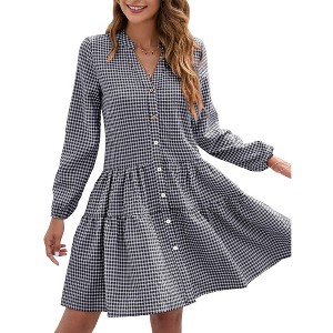 Coolmee Women's Mini Dresses Casual V Neck Button Down Long Sleeve Plaid Print Loose Flowy Shirt Dress - 1 of 4
