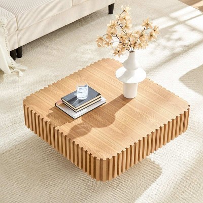 35'' Modern Small Wood Square Coffee Table, Handcraft Drum Coffee Table with MDF Pedestal Base for Living Room,Compact Spaces-Coolbibila