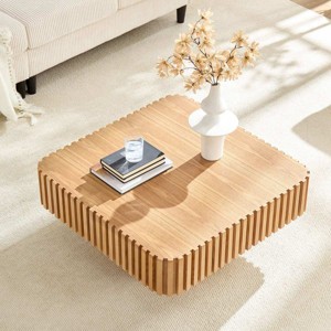 35'' Modern Small Wood Square Coffee Table, Handcraft Drum Coffee Table with MDF Pedestal Base for Living Room,Compact Spaces-Coolbibila - 1 of 4