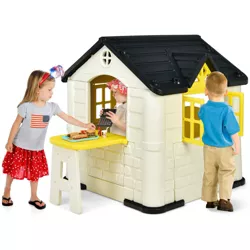 Costway Kid's Playhouse Games Cottage w/ 7 PCS Toy Set & Waterproof Cover Yellow