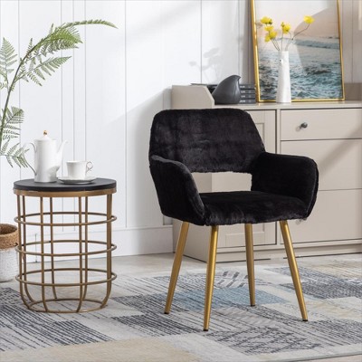 SKRAN Faux Fur Vanity Chair, Elegant Furry Makeup Desk Chairs, Modern Comfy Armchair with Wood Look Metal Legs in Bedroom Living Room (Black)