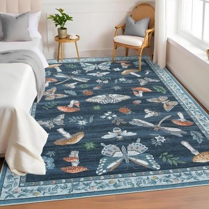 Acekool Washable 5x7 Area Rug, Modern Floral Insect Print, Non Slip Low Pile Soft Stain Resistant Indoor Carpet, Black - 1 of 4
