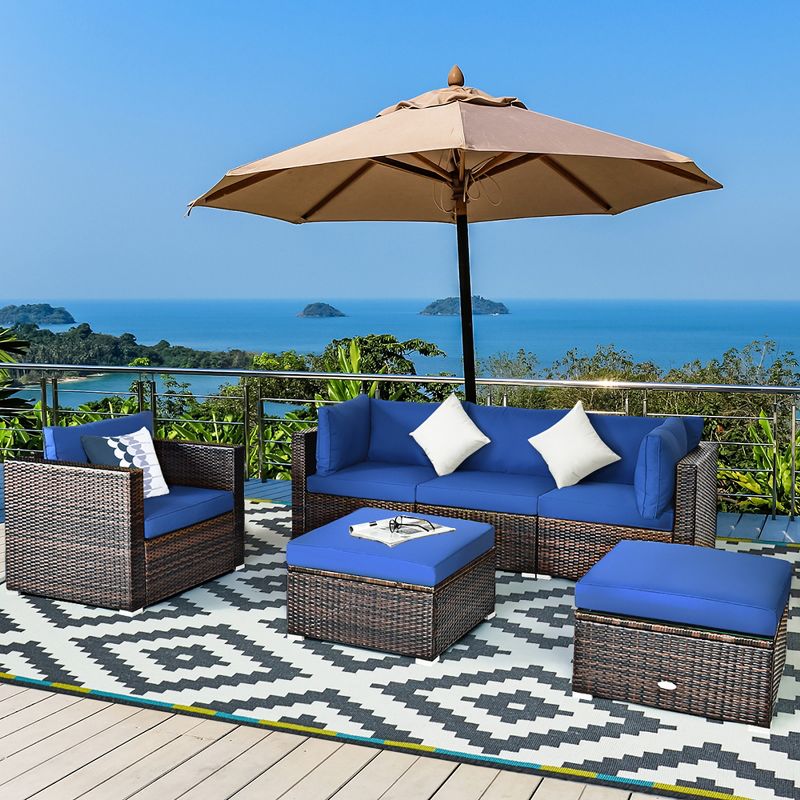 Costway 6PCS Patio Rattan Furniture Set Sectional Cushion Sofa Coffee Table Ottoman Navy, 4 of 11