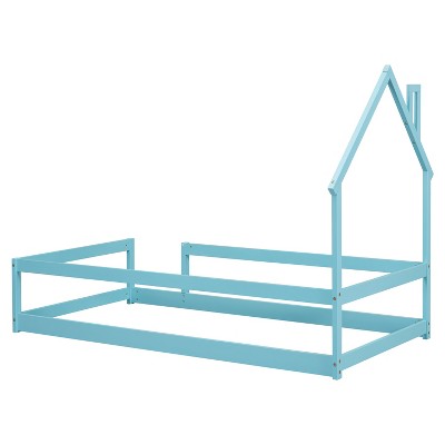 DOMETOUR Twin Size Wood bed with House-shaped Headboard Floor bed with Fences,Light Blue