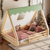 TIRAMISUBEST Twin/Full Size Kids House Bed Frame with Tent & Light Strips, Wooden Floor Bed with Guardrail - 2 of 4