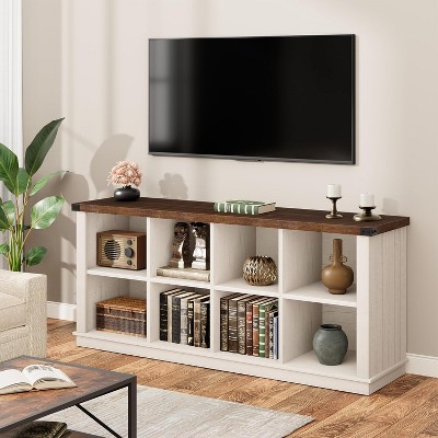 8 Cube Book Shelf, Rustic Farmhouse Wood Horizontal Bookshelf, Long Freestanding Bookcase Cabinet, 2-Tier Storage Organizer for Living Room, Entryway