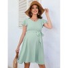 Clearlove Maternity V Neck Dot Dress Casual A-Line Short Ruffle Cap Sleeve Flowy Midi Dress Belt Photoshoot Baby Shower - 3 of 4