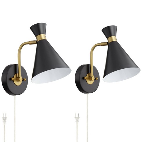 Pryce 1 Light Matte Black And Gold Satin Brass Mid-century Modern Wall  Sconce Fixture With Metal Cone Shade