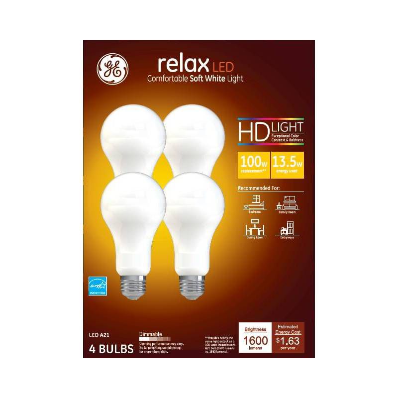 GE 4pk 13.5W 100W Equivalent Relax LED HD Light Bulbs Soft White, 1 of 8