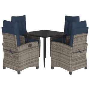 vidaXL 5-Piece Patio Dining Set - Gray Poly Rattan with Navy Cushions, Adjustable Recliner Chairs, Tempered Glass Table - 1 of 4