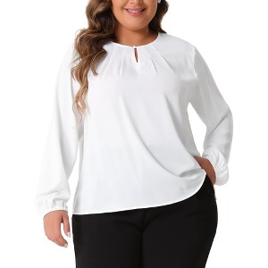 Agnes Orinda Women's Plus Size Long Sleeve Pleated Keyhole Crew Neck Work Blouses - 1 of 4