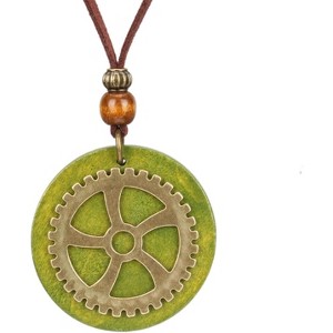 Leather and Wood Necklace Chunky Circle Pendant Boho Jewelry for Women - 1 of 4