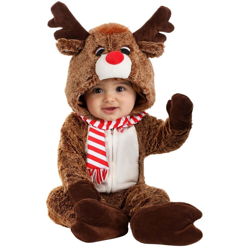 HalloweenCostumes.com 0-3 Months   Reindeer Plush Costume for Infant's, Red/White/Brown, 1 of 4