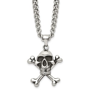 Black Bow Jewelry Stainless Steel Antiqued Skull and Crossbones Necklace 24 Inch - 1 of 4