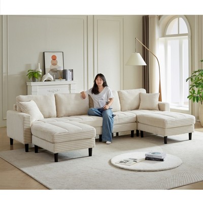 122.5-Inch Oversized U-Shaped Modular Sofa, Corduroy Fabric Sofa, Living Room Sectional Sofa with 2 Pillows, Two ottoman, plastic leg, Grey