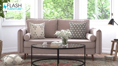 Taupe Linen Tufted Sofa with Removable Cushions and Wood Legs