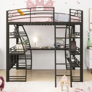 Full Size Loft Bed with 4 Layers of Shelves and L-shaped Desk, Stylish Metal Frame Bed with a set of Sockets, USB Ports and Wireless Charging, Black - 1 of 4