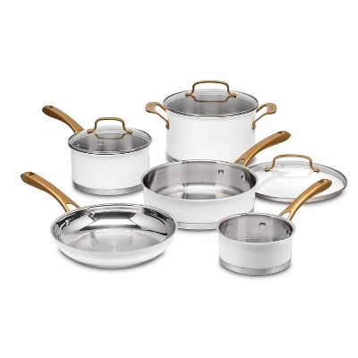 Cuisinart Classic 8pc Stainless Steel Cookware Set with Brushed Gold  Handles Matte White