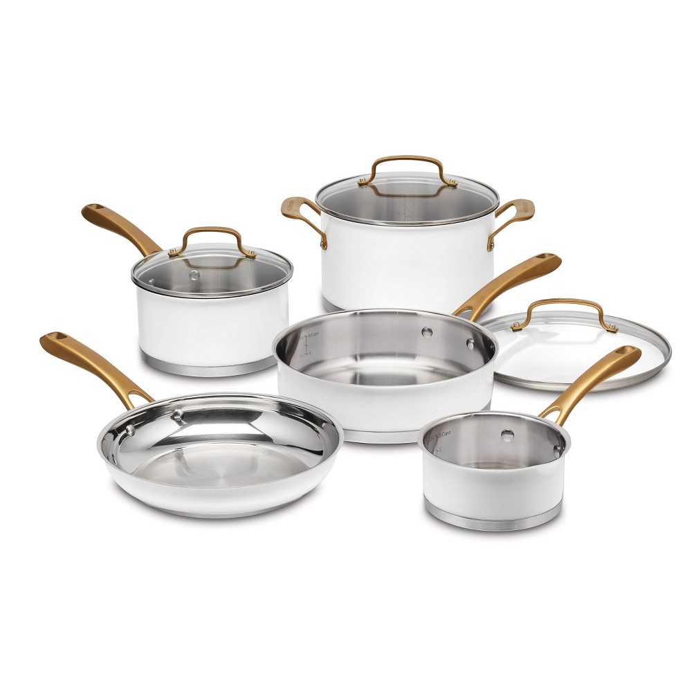 Cuisinart Classic 8pc Stainless Steel Cookware Set with Brushed Gold Handles Matte White: Induction & Oven Safe Pans