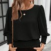 Women's Blouse Puff Sleeve Smocked Waist Scalloped Hem Casual Loose Fit Round Neck Top - 2 of 4