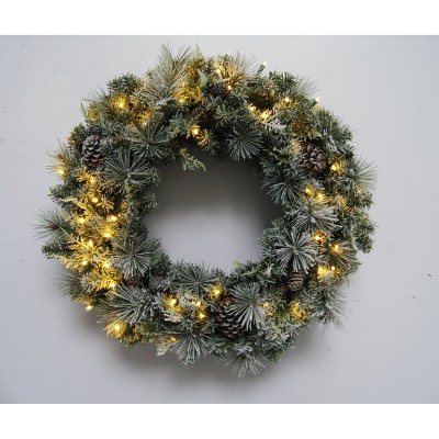 Season's Designs 30" Frosted Tip Green Pine Wreath with Pinecones 50 LED Clear Lights, Indoor/Outdoor Use, Battery Operated (3 AA Batteries Not