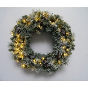 Season's Designs 30" Frosted Tip Green Pine Wreath with Pinecones 50 LED Clear Lights, Indoor/Outdoor Use, Battery Operated (3 AA Batteries Not - 1 of 1