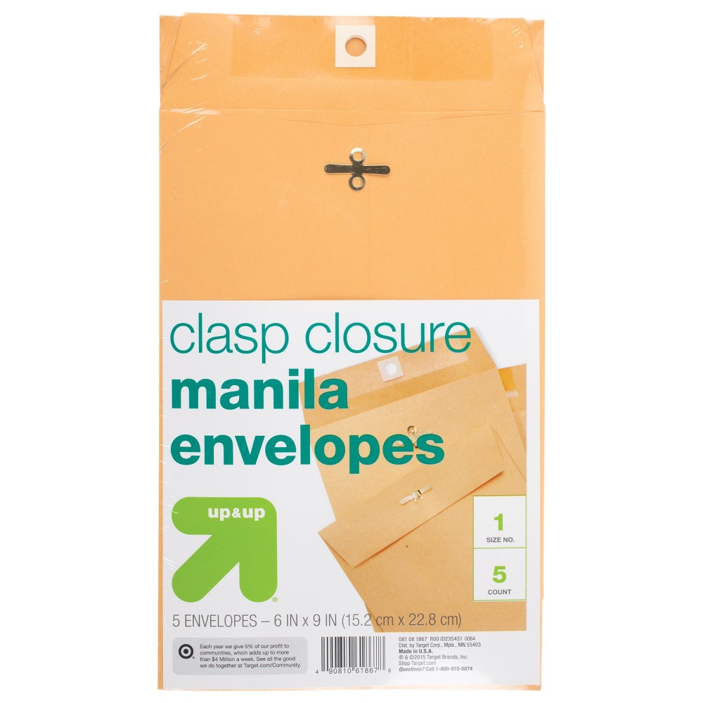 5ct 6" x 9" Clasp Closure Manila Envelopes - up&up™: Small Beige Mailing Stationery, Paper, 5 Pack