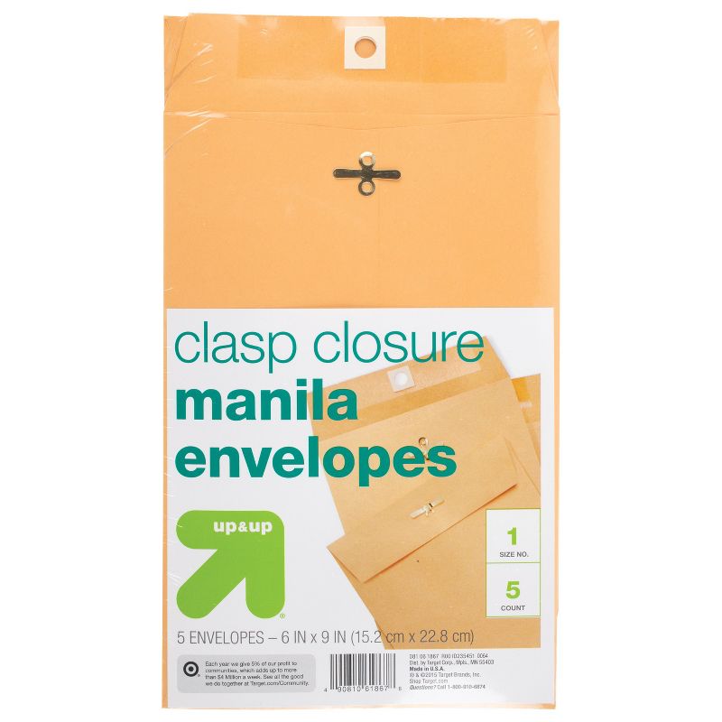5ct 6&#34; x 9&#34; Clasp Closure Manila Envelopes - up &#38; up&#8482;, 1 of 2