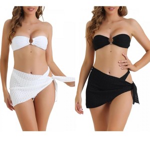 INSPIRE CHIC Women's O Ring Bandeau Ribbed Triangle Bottoms with Cover Up Bottoms Swimwear Bathing Bikini Suits 2 Sets - 1 of 4