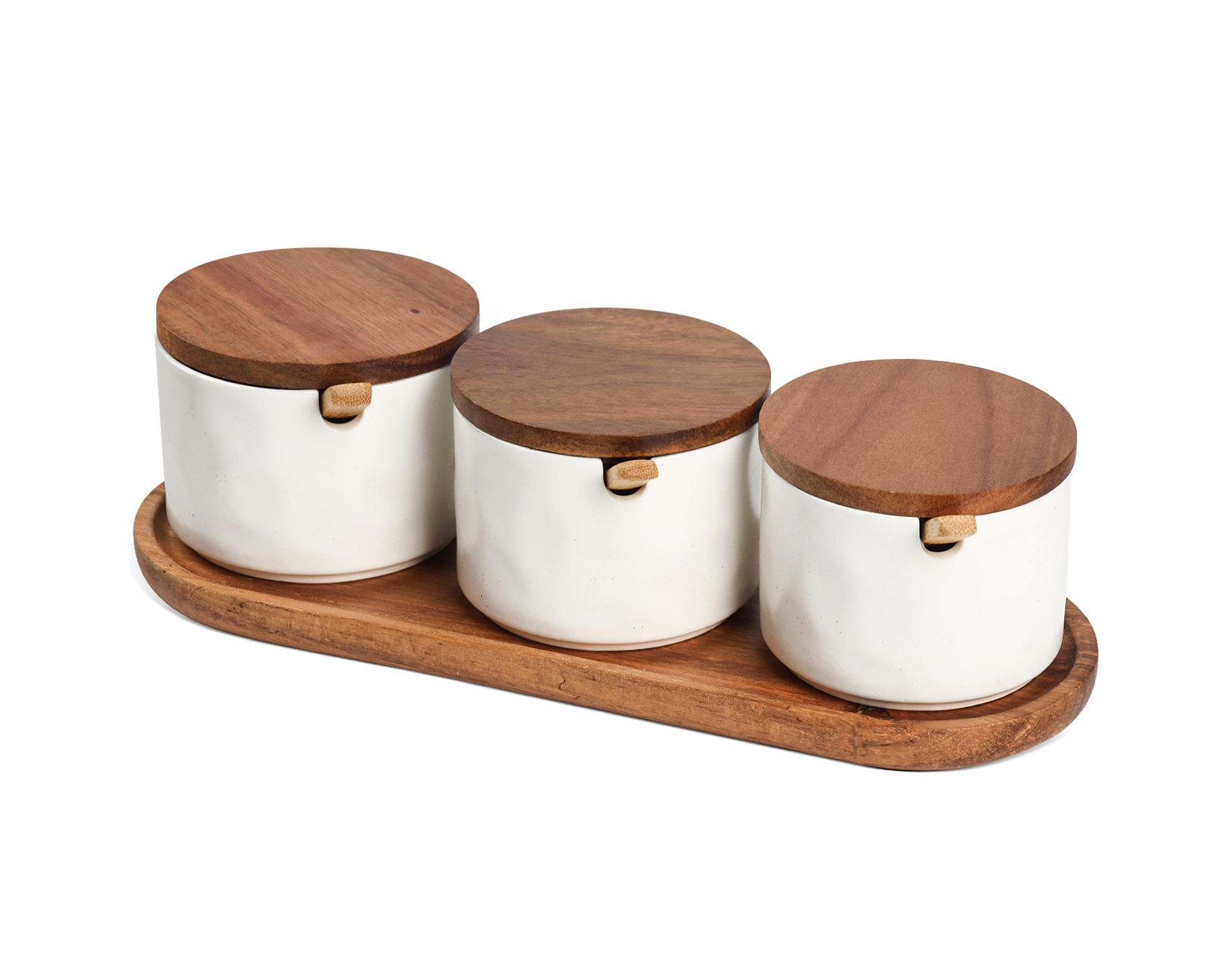 Garnen Wooden Tray Spice Jars Set, White Ceramic Spice Containers, Condiment Container with Lid, Decorative Ceramic Spice Jars Organizer with Spoon