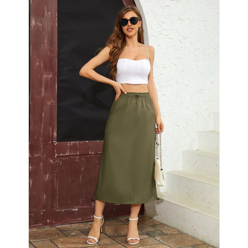 Women Y2k Cargo Long Skirt Drawstring Waist Casual Back Ruched Vintage Slit Skirts with Pockets, 2 of 8