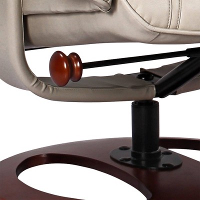 Taupe Bonded Leather Swivel Recliner with Walnut Base and Ottoman