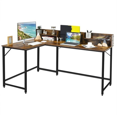 L-Shaped Computer Desk, Industrial Office Corner Desk, 58 Writing Study  Table, Wood Tabletop Home Gaming Desk with Metal Frame, Large 2 Person  Table for Home Office Workstation 