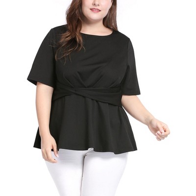 Agnes Orinda Women's Plus Size Crew Neck Twisted Knot Front Short Sleeves Summer Peplum Blouses
