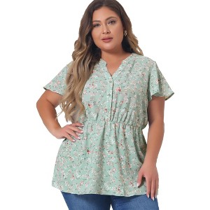 Agnes Orinda Women's Plus Size Floral Print V-Neck Smocked Waist Peplum Short Sleeve Chiffon Blouses - 1 of 4