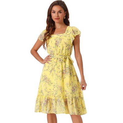 Allegra K Women's Flutter Sleeve Belted Square Neck Floral Chiffon Ruffle Dress
