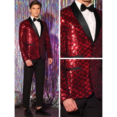 Lars Amadeus Men's Argyle Pattern Peak Lapel Prom Shiny Squins Blazers Red X Large — фото 5
