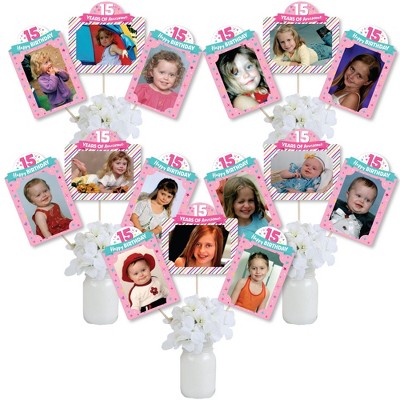 Big Dot of Happiness Girl 15th Birthday - Teen Birthday Party Picture Centerpiece Sticks - Photo Table Toppers - 15 Pieces