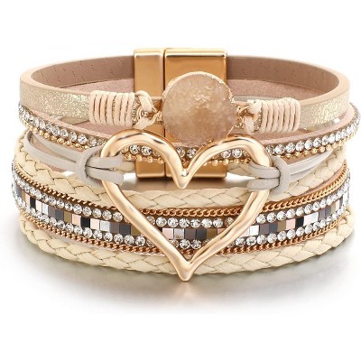 Leather Wrap Bracelet with Heart-Shape Decor & Crystal Beads, Bohemian Cuff Bangle for Women & Girls