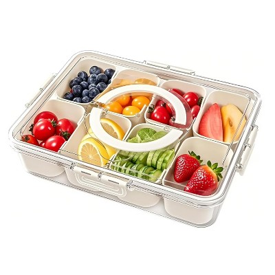 BRINJOY 1 Piece Divided Tray with Lid and Handle - Portable Snack Box Deli Container, Clear Snack Platter Organizer, 8 Compartments, White