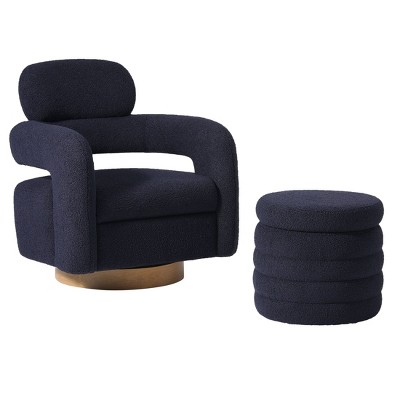 WestinTrends Alexandria Mid-Century Modern Faux Shearling Swivel Barrel Accent Chair With Storage Ottoman