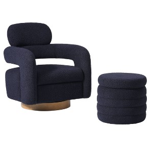 WestinTrends Alexandria Mid-Century Modern Faux Shearling Swivel Barrel Accent Chair With Storage Ottoman - 1 of 4