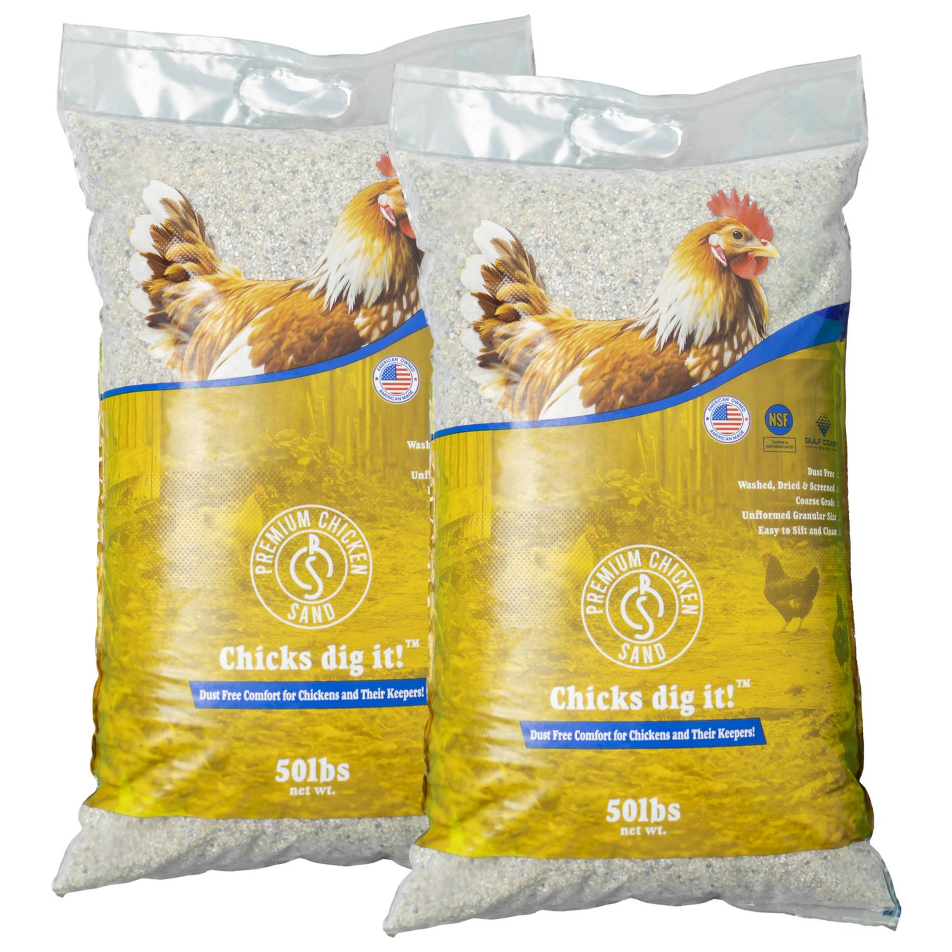 Premium Chicken Sand, Odor Eliminating Bedding for Chicken Coops, Nesting Boxes & Runs - Natural Deodorizer, 50 lb Bag, 2 Pack