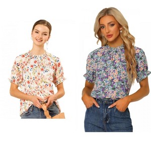 Allegra K Women's Short Sleeve Ruffled Floral Mock Neck Summer Top 2 Pcs - 1 of 4