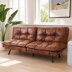 Dyonery Black Faux Leather Sofa Bed with Memory Foam, Adjustable Backrest & Armrests, Multifunctional Small Loveseat Sleeper Sofa - 1 of 4
