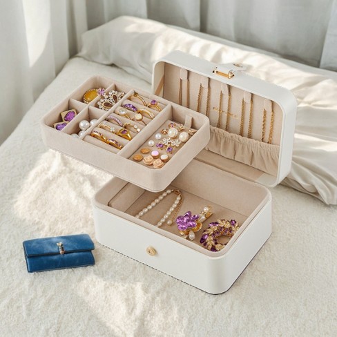 Travel Jewelry Case Portable 2 Layer Jewelry Box 4.6 x 6.3 x 3 Inches Versatile Earring Storage for Larger Accessories Gift Idea White